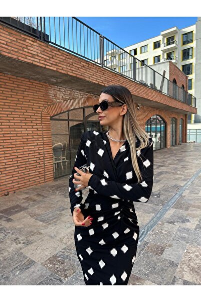 My Blog Μαύρο Μίντι Φόρεμα με στάμπα και ντραπέ-4451