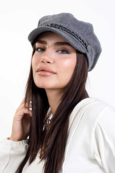 MESCHAIN Kışlık Şapka Zincir Aksesuarlı Kaşe Kumaş Baretta Füme1