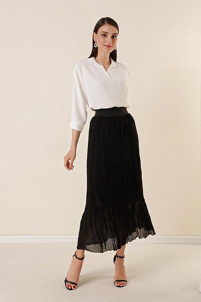 By Saygı Wide Elastic Waist Lined Three Layer Pleated Skirt