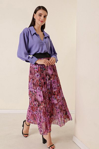 By Saygı Wide Elastic Waist Lined Chrysanthemum Patterned Three Layer Pleated Skirt