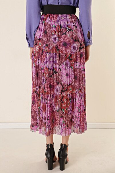 By Saygı Wide Elastic Waist Lined Chrysanthemum Patterned Three Layer Pleated Skirt
