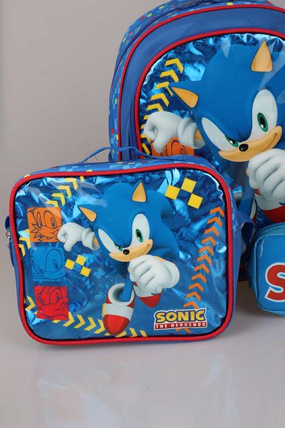 Sonic Geantă de școală Sonic cu licență de sezon nou - Set de papetărie pentru prânz și creion