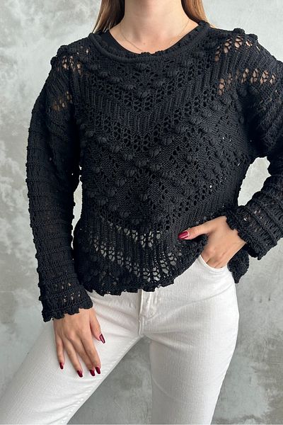 macharel jeans Damen-Strickpullover mit geprägtem Muster und durchbrochener Stickerei, Saison-Strick, Schwarz, 1511 Schwarz