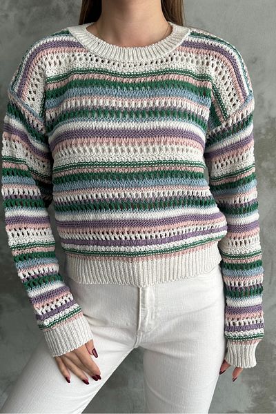 macharel jeans Damen Mehrfarbiger Feinstrickpullover Creme