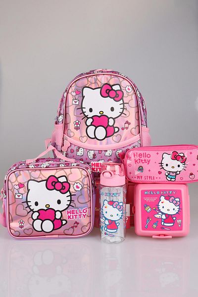 Hello Kitty طقم رياض الأطفال صغير الحجم بحجرة واحدة مقاس 32 سم - حقيبة تغذية وقلم رصاص، مع زجاجة مياه
