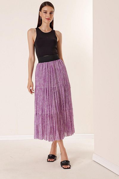 By Saygı Thick Elastic Waist Lined Spotted 3-Layer Chiffon Skirt