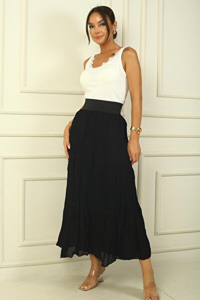 By Saygı Vastag elasztikus derékrész 3 rétegű bélelt sifon hosszú szoknya