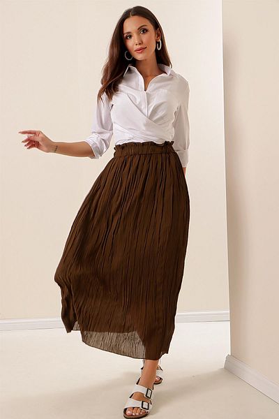 By Saygı Elastic Waist Lined Pleated Long Chiffon Skirt