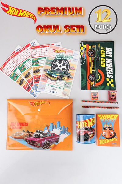 HOT WHEELS Set de 12 bucăți de hârtie Hot Wheels cu licență pentru sezonul nou - fișier cu știfturi, stilou, gumă de șters, pușculiță, ascuțitor de creion RE