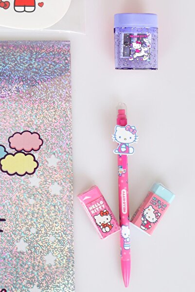 Hello Kitty Lisanslı 7 Parça Kırtasiye Seti Kumbara,yazı Tahtası,çıtçıt Dosya,2 Adet Silgi,kalemtraş