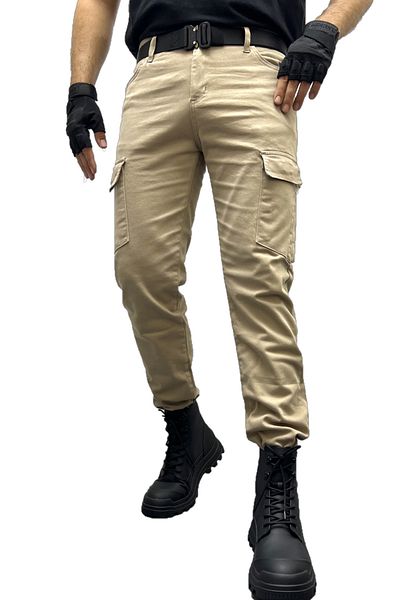 Polviton Men's Cargo Pocket Trousers Tactical Slim Fit Cream 206