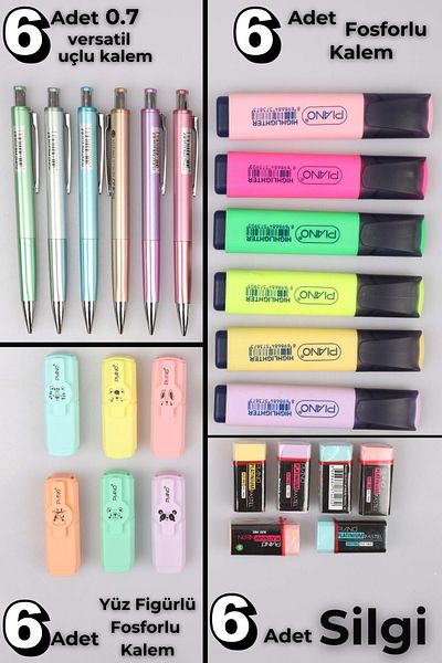 Piano DEKOMUS WITH 12-Piece Highlighter, 6-Piece Nib Pen 0.7 MM and 6-Piece ERASER STATIONERY SET