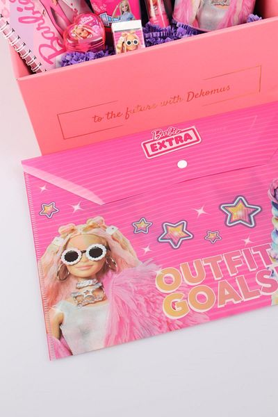 Barbie Dekomus Special Boxed Licensed Snap File, Feather Snap Pencil, Eraser, Pencil Sharpener, Piggy Bank