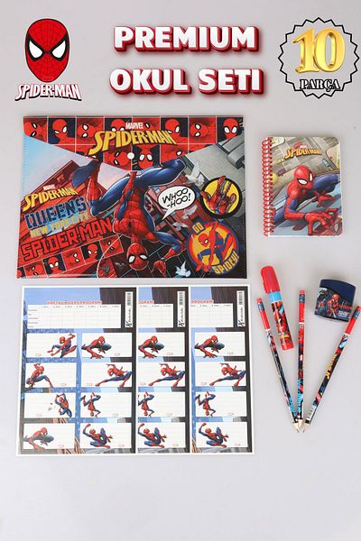 SPIDERMAN 10 Pieces Licensed Stationery Set - Snap File, School Label, Memo Pad and 3 Pencils