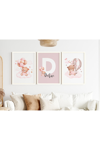 Efsa Sanat Tasarım İsme Özel Çerçeveli Kız Çocuk Odası Tablo Seti - Çocuk Odası Tablosu - Modern Tablo Seti