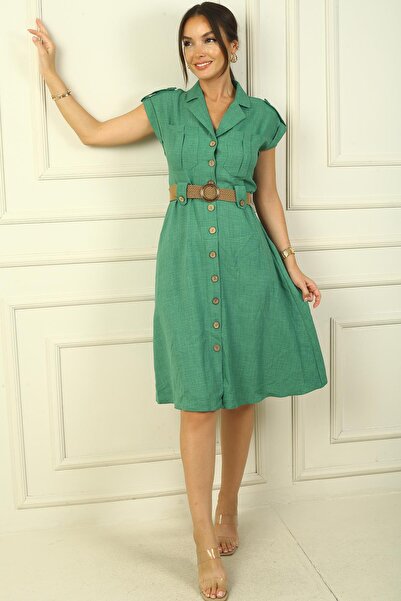 By Saygı Γυναικείο φόρεμα με πέτο με διπλή τσέπη με λινό εφέ