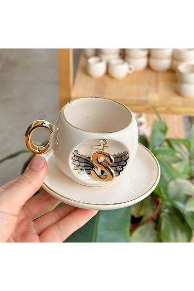 BSK Black Angel Patterned Letter Coffee Cup - Ceramics Handmade
