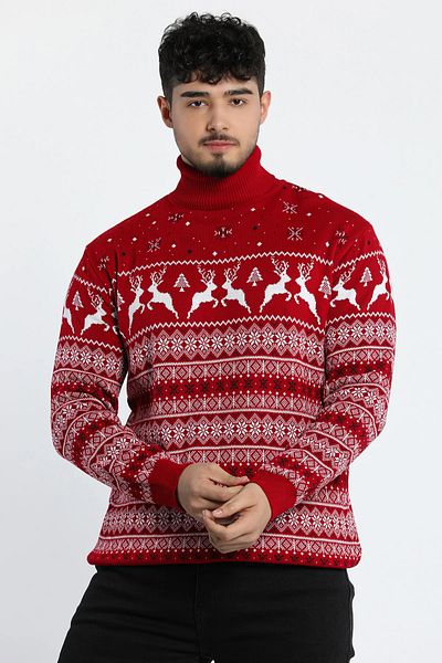 MİSHAR İTALİA Burgundy Men's Full Turtleneck Sweater with Deer Pattern