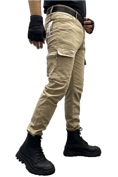 Polviton Men's Cargo Pocket Trousers Tactical Slim Fit Cream 206