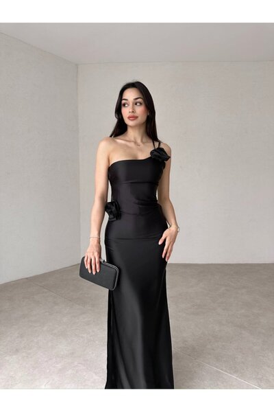 LOCH BUTİK فستان نسائي من الساتان بتفاصيل وردية سوداء