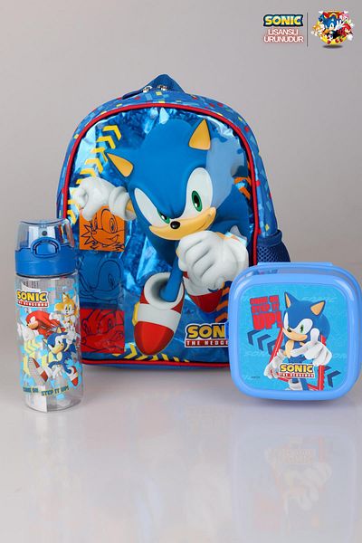 Sonic Sezon nou cu licență - Geantă de grădiniță de 32 cm de dimensiuni mici, recipient pentru prânz și covoraș Trıtan