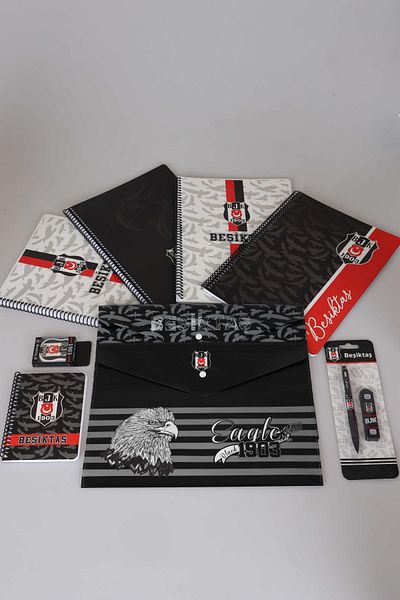 Beşiktaş Licensed A4 Spiral - 2 Plaids and 2 Lined Notebooks, Logo Eraser, Versatil Tip Pen