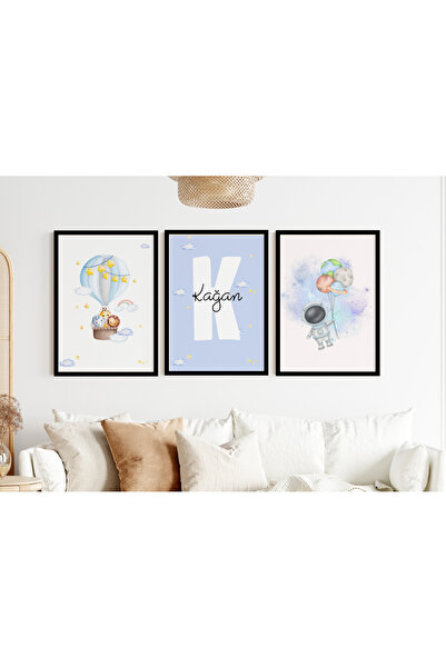 Efsa Sanat Tasarım İsme Özel Çerçeveli Erkek Çocuk Odası Tablo Seti - Bebek Odası Tablosu - Modern Tablo Seti