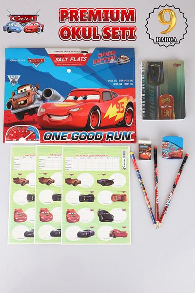 CARS Licensed 9 Piece Stationery Set - Snap File, 24-Piece School Label, Block Note, 3 Lead with Eraser