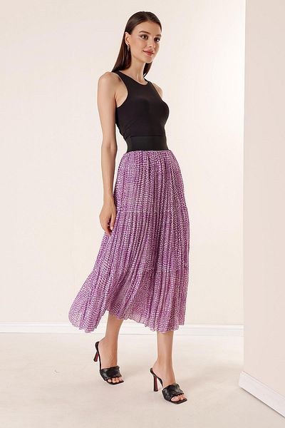 By Saygı Thick Elastic Waist Lined Spotted 3-Layer Chiffon Skirt