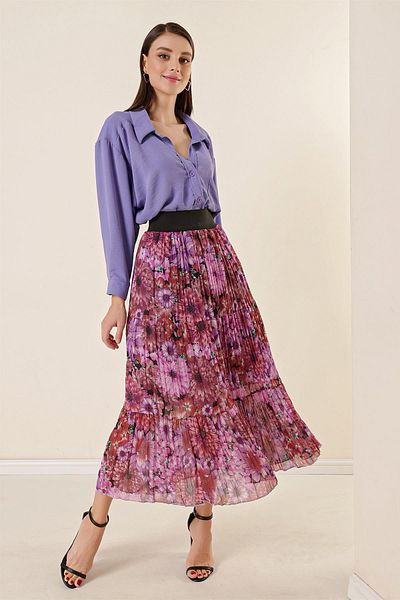 By Saygı Wide Elastic Waist Lined Chrysanthemum Patterned Three Layer Pleated Skirt