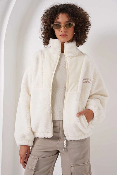 hazelin Women's Ecru Printed Zip-Up Faux Wool Lined Plush Jacket Hzl25W-Fry 151941