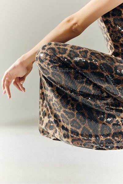 Ellie İstanbul ROAR Leopar Payetli Straplez Maxi Elbise