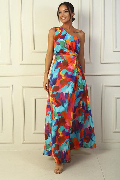 By Saygı Rochie de damă, cu un singur umăr, cu fereastră laterală, multicoloră, lungă din satin creponat