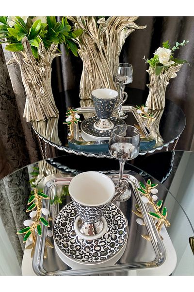 atabey home collection 6 قطع من صينية الزيتون الأخضر الفضية - صينية القهوة والشاي