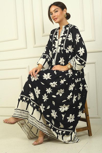 By Saygı Front Half Buttoned Sleeve Flower Pattern Elastic Printed Hijab Long Dress