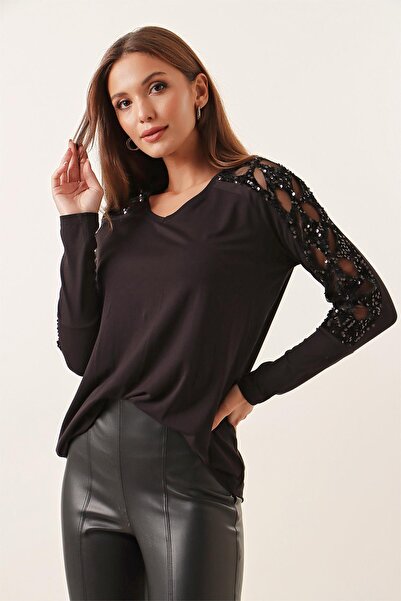 By Saygı V Neck Sleeves Laser Sequin Relaxed Fit Lycra Blouse