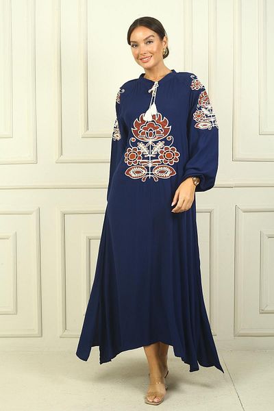 By Saygı Rochie lungă din viscoză pentru femei - guler cu șireturi, design frontal brodat, potrivire confortabilă