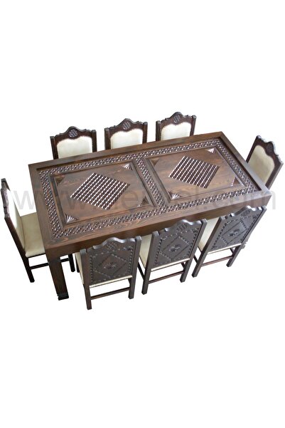 Neiwel Osmanlı Kare Oyma Doğal Ahşap Yemek Masası Takımı