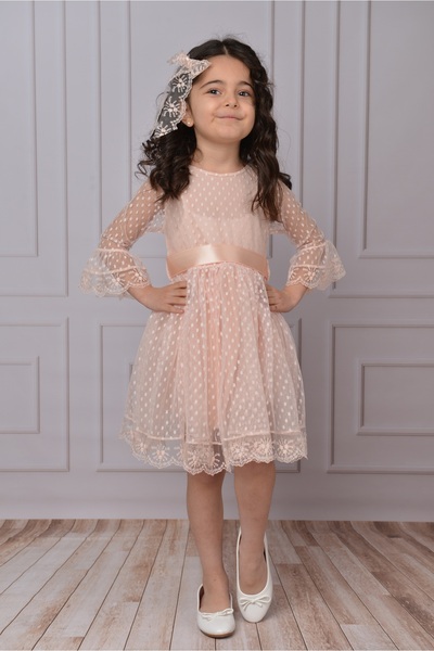 Sevimlice Kids Kız Çocuk Elbise Somon Kız Çocuk Tokalı Elbise Kız Elbise Tül Dantel Elbise