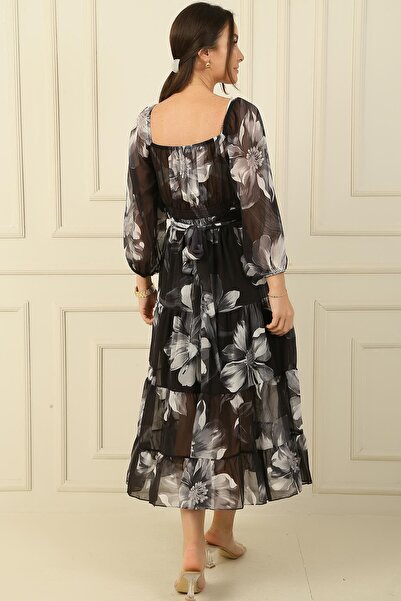 By Saygı Двуредна шифонена рокля на цветя с подплата с яка на Мадона
