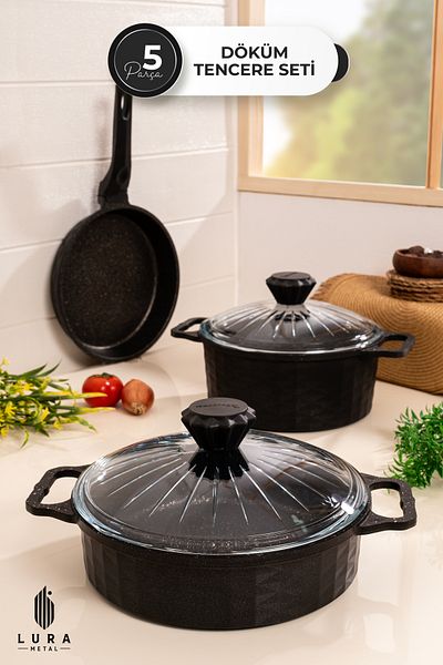 Skygo 5 Pieces Black Granite Cast Pot Set - Durable 3 Layers Granite Finish 27 cm