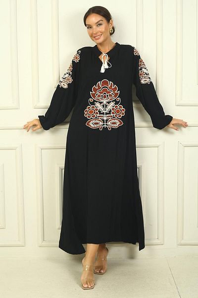 By Saygı Rochie lungă din viscoză pentru femei - guler cu șireturi, design frontal brodat, potrivire confortabilă