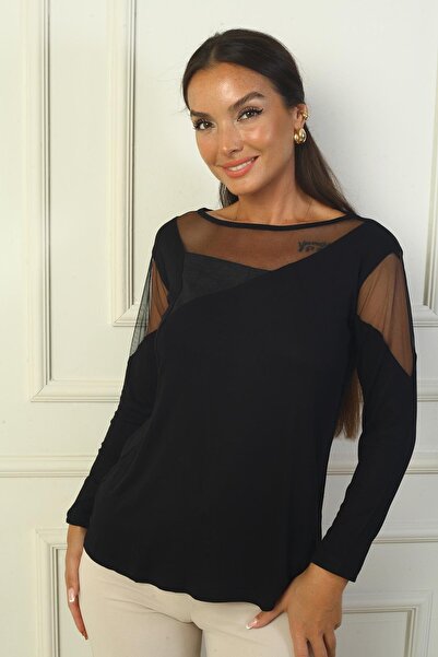 By Saygı Women's Strawberry Blouse with Asymmetric Cut and Tulle Detail