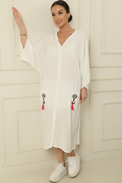 By Saygı V-подібний виріз з подвійною кишенею з вишивкою довга сукня з віскози з комфортним облягаючим кроєм