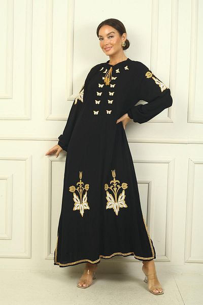 By Saygı Rochie lungă din viscoză pentru femei - guler cu șireturi, broderie fluture și mâneci elastice