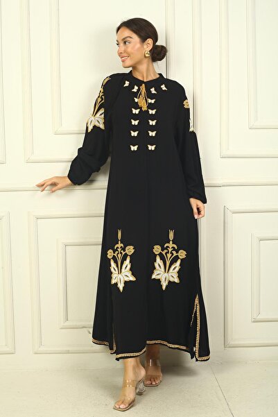 By Saygı Women's Long Viscose Dress - Collar Lace, Butterfly Embroidery and Elastic Cuffs