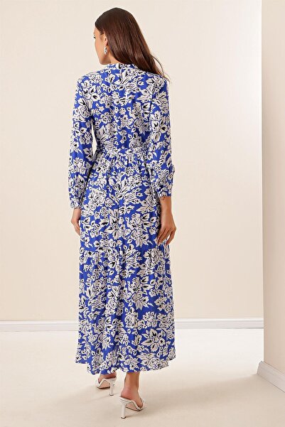 By Saygı Floral Long Viscose Dress with Button Front Lace up Waist