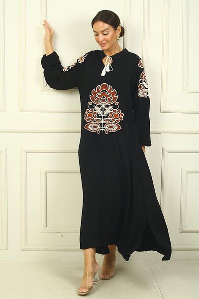 By Saygı Rochie lungă din viscoză pentru femei - guler cu șireturi, design frontal brodat, potrivire confortabilă
