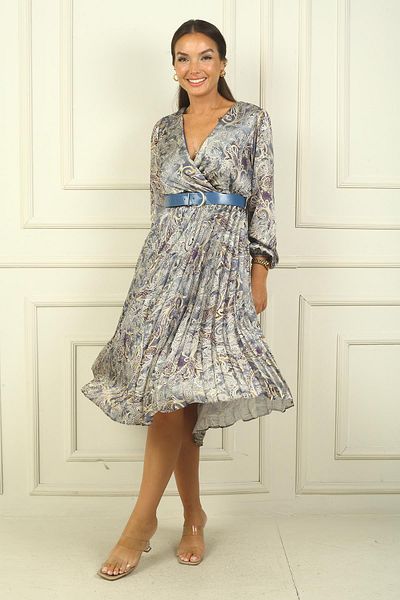 By Saygı Satin Women's Dress - Double Breasted Collar, Belt and Lining, Shawl Patterned Pleated