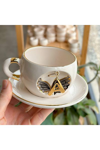BSK Black Angel Patterned Ceramics Teacup - Letter A